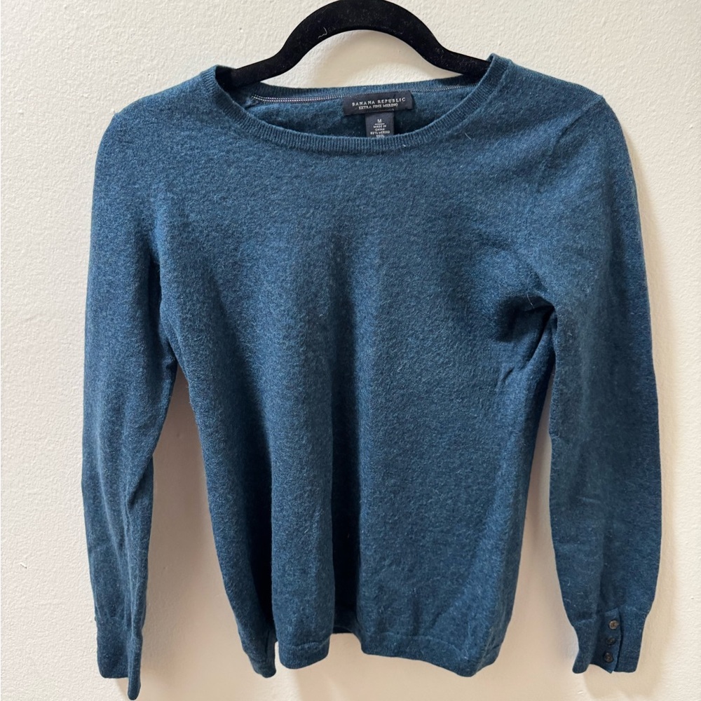 Banana Republic Women's Blue Crewneck Sweater with Sleeve Buttons Size Medium